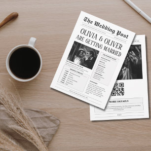 Invitación Presupuesto, código QR , boda de periódico gracios