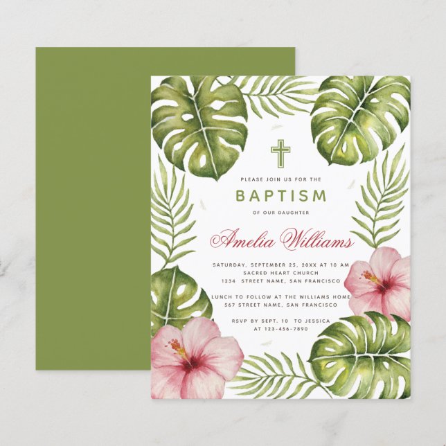 Invitación Presupuesto de Bautizo Tropical Hojas d (Anverso / Reverso)