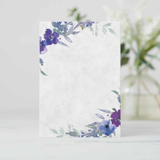 Invitación Presupuesto en blanco boda floral morado y azul (Anverso de pie)