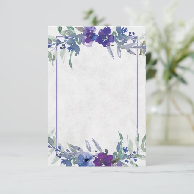 Invitación Presupuesto en blanco boda floral morado y azul In (Anverso de pie)