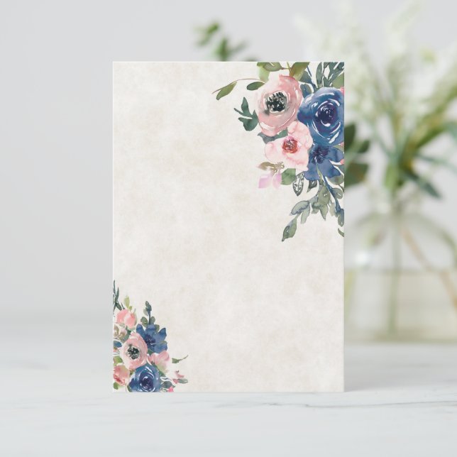 Invitación Presupuesto en blanco boda floral rosa y azul (Anverso de pie)