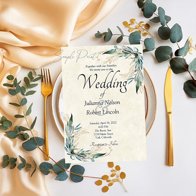 Invitación Presupuesto en blanco Eucalyptus y boda en oro (Subido por el creador)