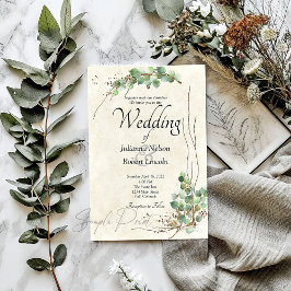 Invitación Presupuesto en blanco Eucalyptus y boda en oro