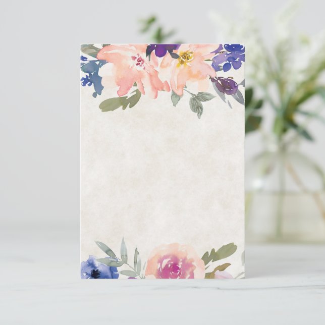 Invitación Presupuesto en blanco naranja y azul floral boda  (Anverso de pie)