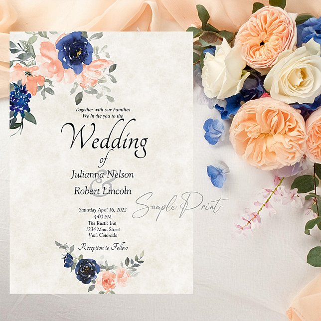 Invitación Presupuesto en blanco Peach y azul floral boda  (Subido por el creador)
