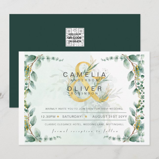 Invitación PRESUPUESTO Eucalyptus Greenerenery Gold Boda QR C (Anverso / Reverso)