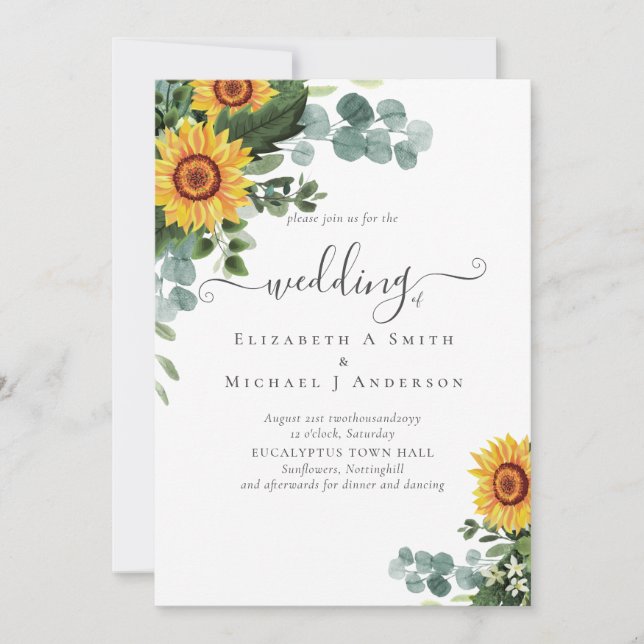 Invitación PRESUPUESTO Girasoles rusos Eucalyptus deja Boda (Anverso)