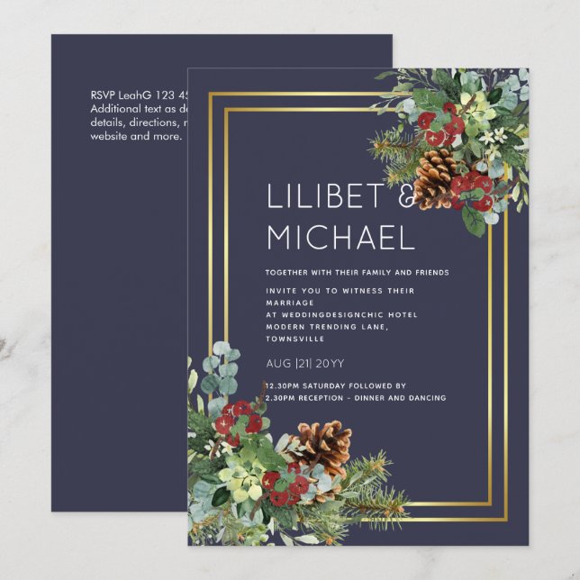 Invitación PRESUPUESTO Invierno Red Berries Pine Cones Boda (Anverso / Reverso)