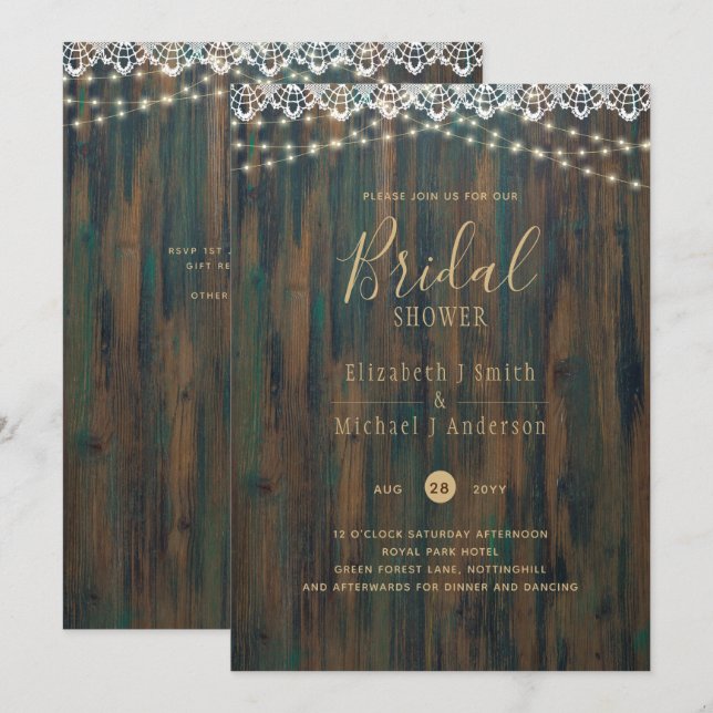 INVITACIÓN PRESUPUESTO LUCES RÚSTICAS DUCHA DE LACE BRIDAL (Anverso / Reverso)