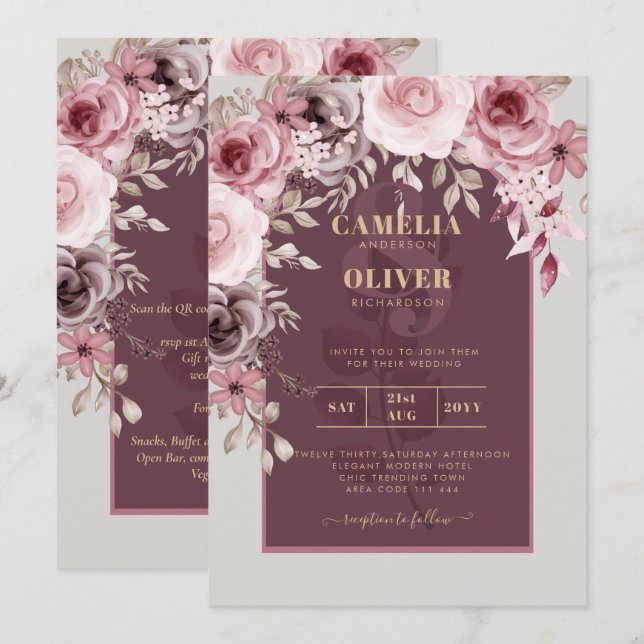 Invitación PRESUPUESTO Pink Maroon Wine Floral Wedding INVITE (Anverso / Reverso)