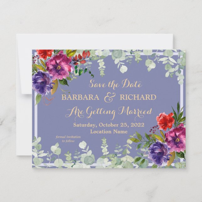 Invitación Presupuesto Púrpura Floral Acuarela Guardar fecha (Anverso)