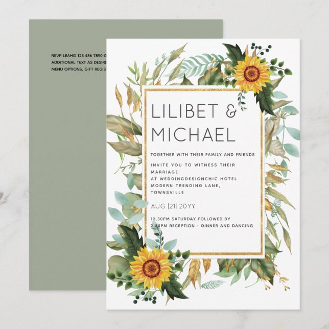 Invitación Presupuesto Rústico Sunflowers BOHO Greenery Boda  (Anverso / Reverso)
