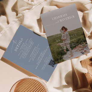 Invitación Presupuesto todo en uno + código QR Boda azul turb