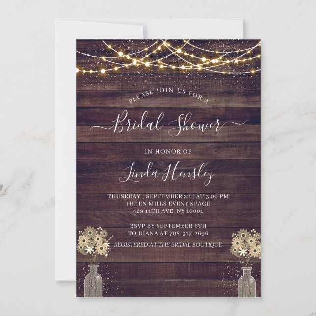Invitación Presupuestos Rústicos De Madera Floral Luces Brida (Anverso)