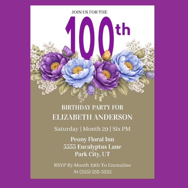 Invitación Pretty Blue and Purple Peony 100th Birthday (Elegant blue and purple peony floral 100th birthday invitation)