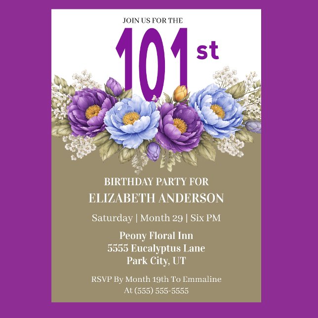 Invitación Pretty Blue and Purple Peony 101st Birthday (Elegant blue and purple peony floral 101st birthday invitation)