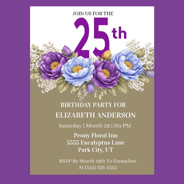 Invitación Pretty Blue and Purple Peony 25th Birthday (Elegant 25th birthday invitation with purple and blue peony)