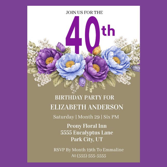 Invitación Pretty Blue and Purple Peony 40th Birthday (Elegant 40th birthday invitation with purple and blue peony flowers)