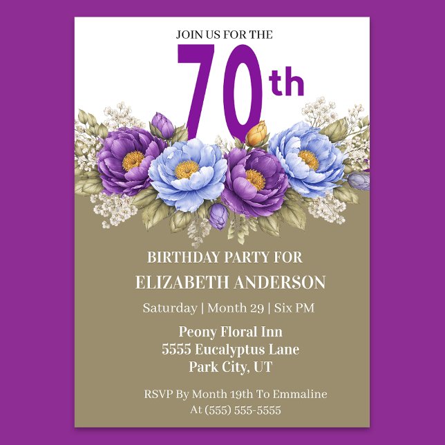 Invitación Pretty Blue and Purple Peony 70th Birthday (Elegant 70th birthday invitation with purple and blue peony flowers)