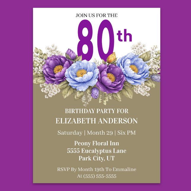Invitación Pretty Blue and Purple Peony 80th Birthday (Elegant 80th birthday invitation with purple and blue peony flowers)