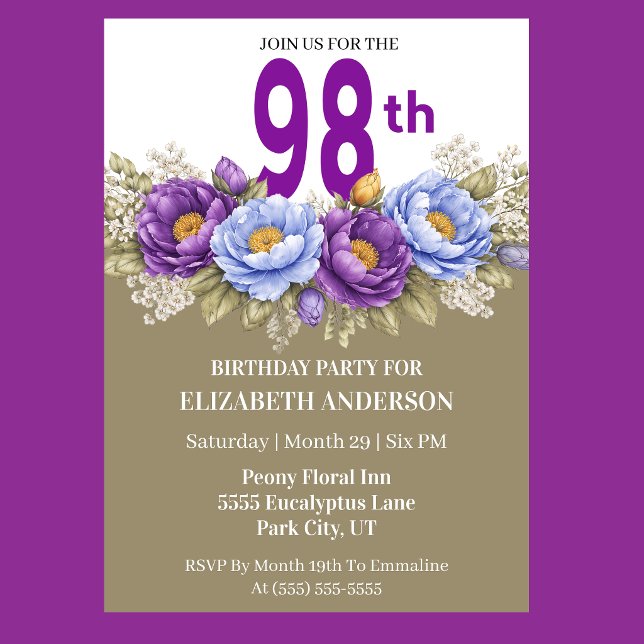 Invitación Pretty Blue and Purple Peony 98th Birthday (Elegant blue and purple peony floral 98th birthday invitation)