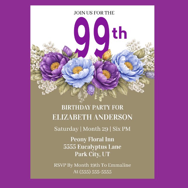 Invitación Pretty Blue and Purple Peony 99th Birthday (Elegant blue and purple peony floral 99th birthday invitation)