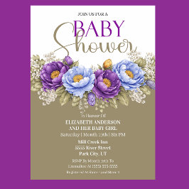 Invitación Pretty Blue and Purple Peony Girl Baby Shower