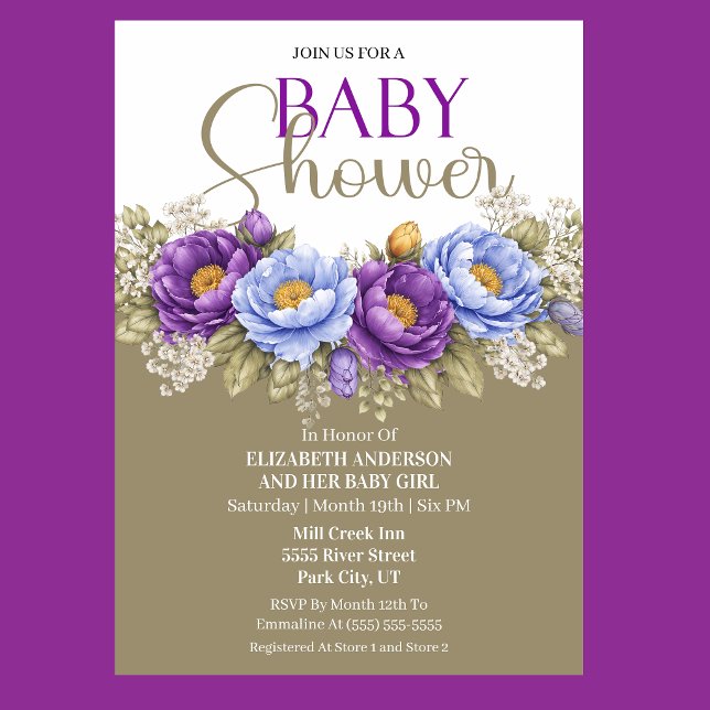 Invitación Pretty Blue and Purple Peony Girl Baby Shower (Elegant blue and purple peony floral baby shower invitation)