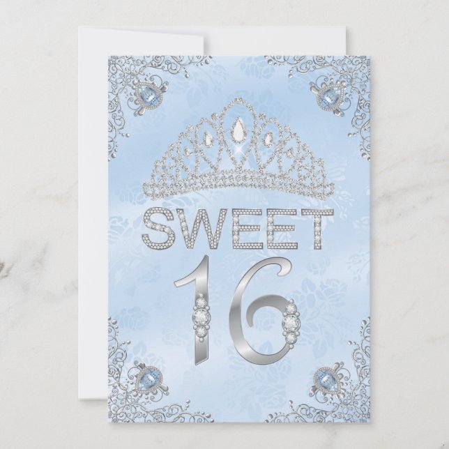 Invitación Pretty Blue Diamond Tiara Sweet 16 (Anverso)
