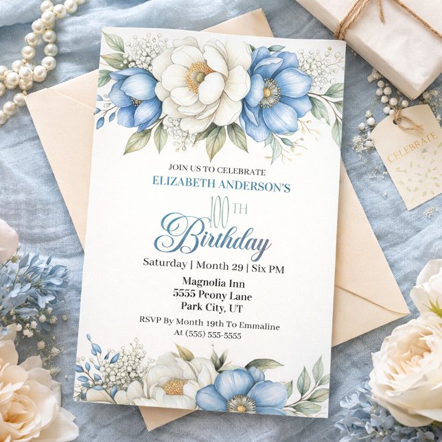 Invitación Pretty Blue Magnolia and Peony 100th Birthday (Subido por el creador)