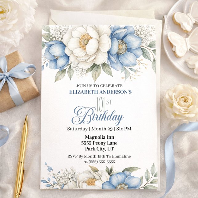 Invitación Pretty Blue Magnolia and Peony 101st Birthday (Subido por el creador)