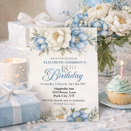 Invitación Pretty Blue Magnolia and Peony 18th Birthday