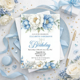 Invitación Pretty Blue Magnolia and Peony 21st Birthday