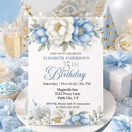 Invitación Pretty Blue Magnolia and Peony 25th Birthday