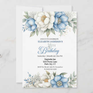 Invitación Pretty Blue Magnolia and Peony 30th Birthday