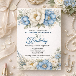 Invitación Pretty Blue Magnolia and Peony 30th Birthday
