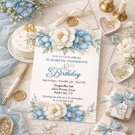 Invitación Pretty Blue Magnolia and Peony 40th Birthday