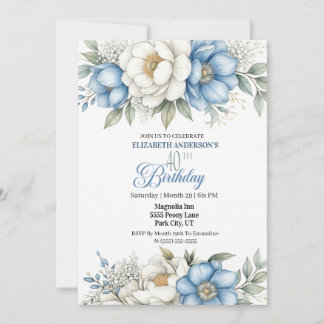 Invitación Pretty Blue Magnolia and Peony 40th Birthday