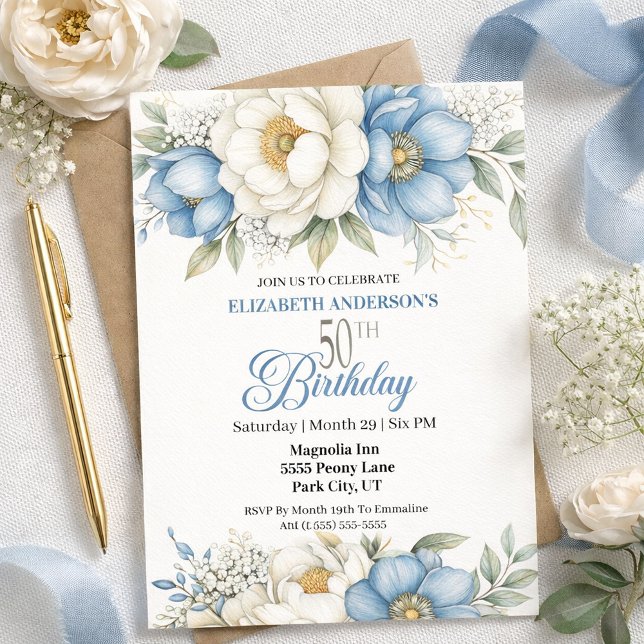 Invitación Pretty Blue Magnolia and Peony 50th Birthday (Subido por el creador)