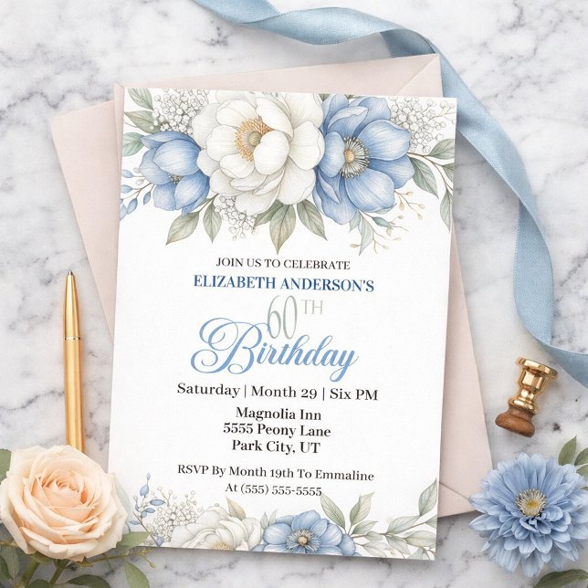 Invitación Pretty Blue Magnolia and Peony 60th Birthday (Subido por el creador)