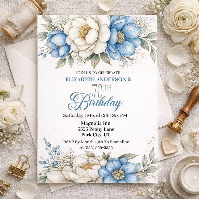 Invitación Pretty Blue Magnolia and Peony 70th Birthday (Subido por el creador)