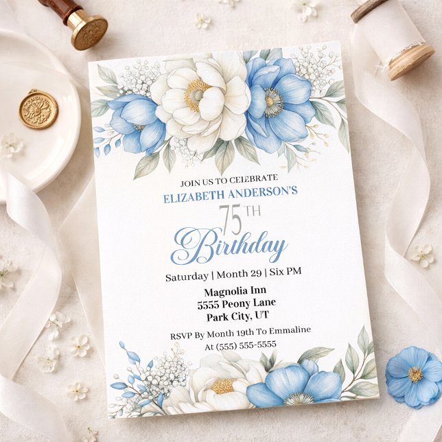 Invitación Pretty Blue Magnolia and Peony 75th Birthday (Subido por el creador)