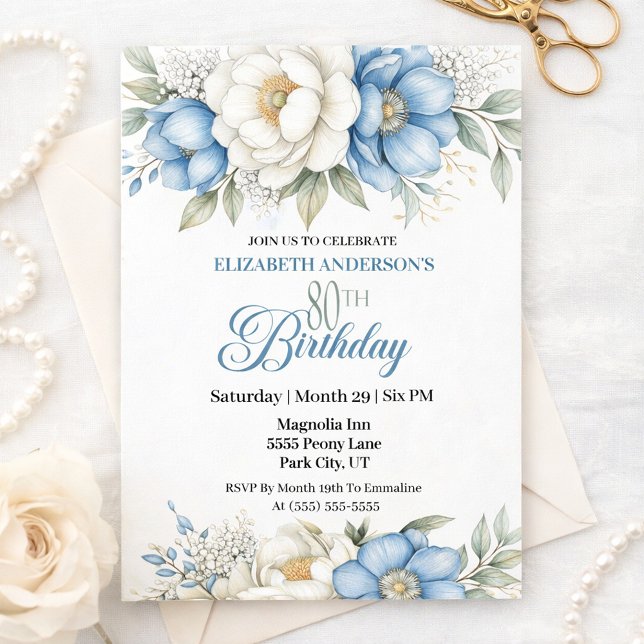 Invitación Pretty Blue Magnolia and Peony 80th Birthday (Subido por el creador)