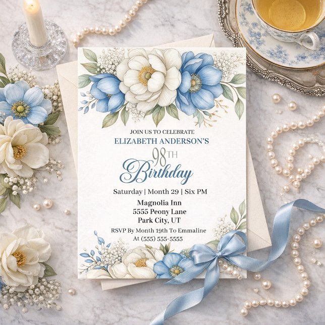 Invitación Pretty Blue Magnolia and Peony 98th Birthday (Subido por el creador)