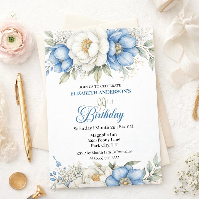 Invitación Pretty Blue Magnolia and Peony 99th Birthday (Subido por el creador)