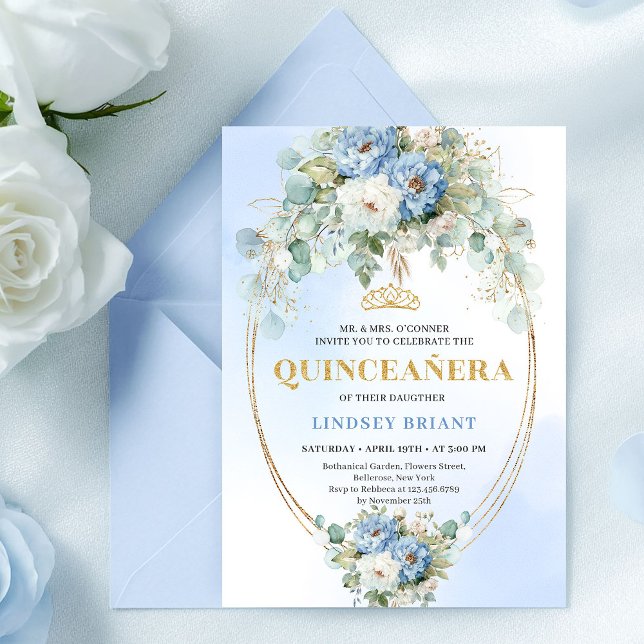 Invitación Pretty Blue Peony Gold Floral Quinceañera Invite (Pretty Blue Peony Gold Floral Quinceañera Invite)