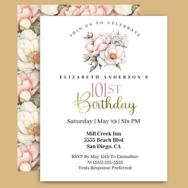Invitación Pretty Blush Pink Peony Floral 101st Birthday (Subido por el creador)
