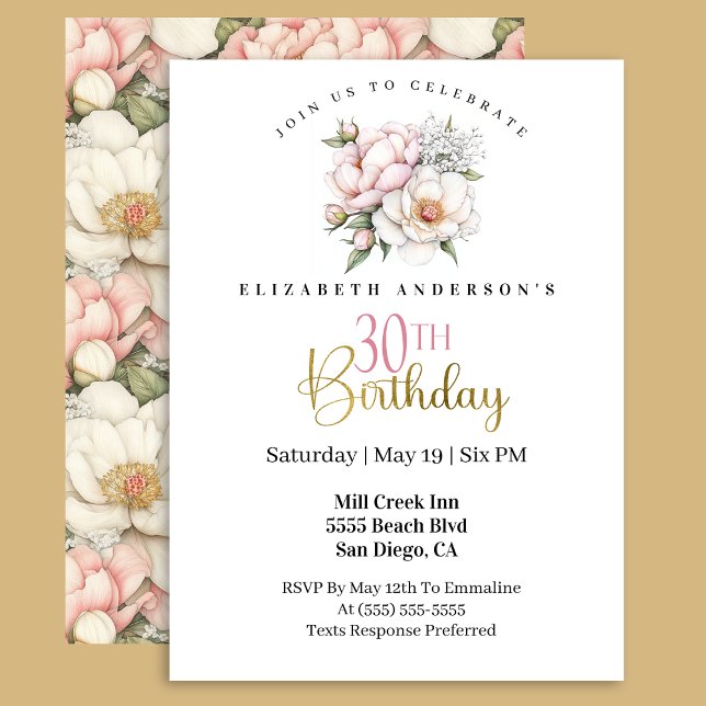 Invitación Pretty Blush Pink Peony Floral 30th Birthday (Subido por el creador)