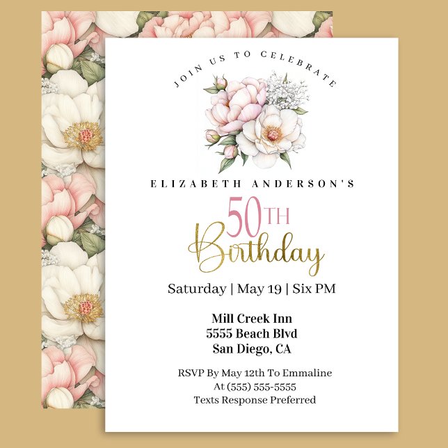 Invitación Pretty Blush Pink Peony Floral 50th Birthday (Subido por el creador)