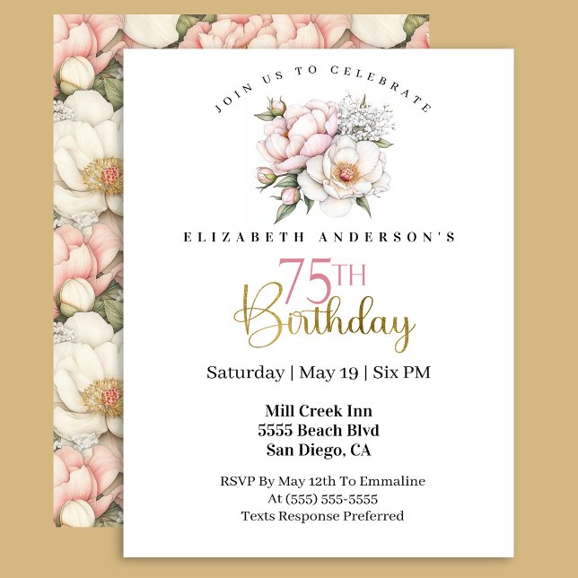 Invitación Pretty Blush Pink Peony Floral 75th Birthday (Subido por el creador)